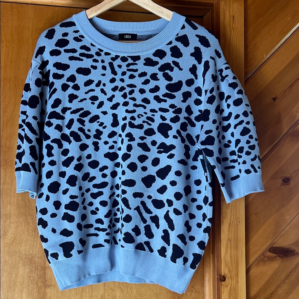 LUCCA Blue + Black Leopard Print Half Sleeve Sweater
